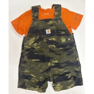 Carhartt Green Camo Shortalls Overalls Boys 12 Months Orange Snap Shirt